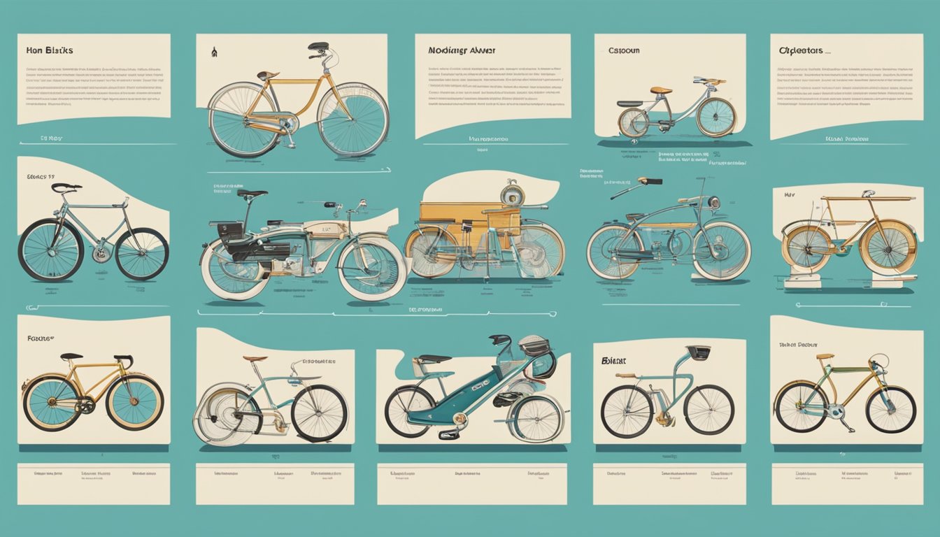 A timeline of bike brands, from early designs to modern logos, displayed on a wall with captions detailing their history and evolution