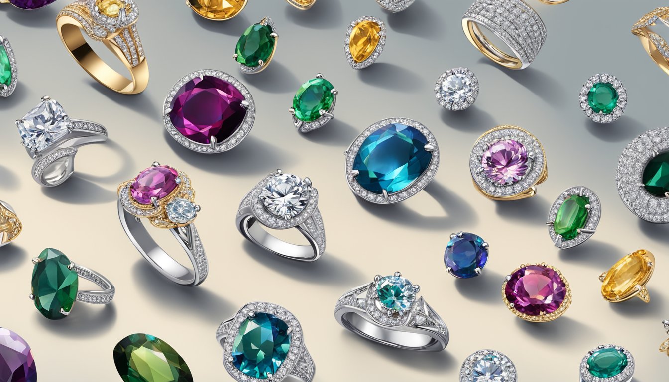 A display of specialized jewelry types from top brands. Shimmering diamonds, intricate designs, and luxurious gemstones on velvet stands