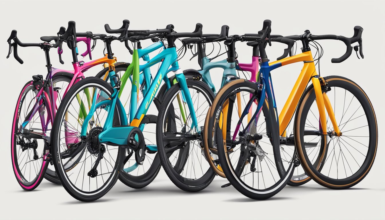 Various bikes lined up: mountain, road, cruiser. Brands include Trek, Specialized, and Schwinn. Bright colors and sleek designs