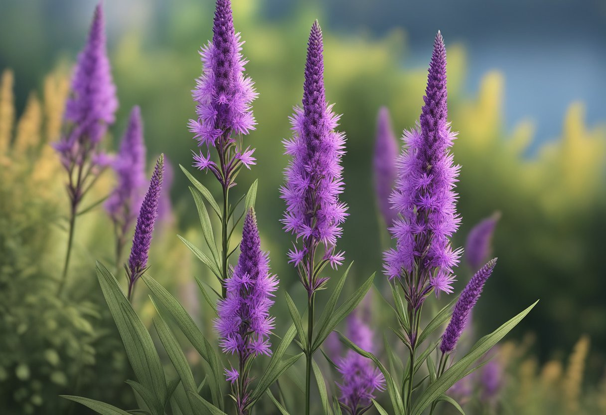 Liatris blooms for weeks, with tall, slender stems topped by vibrant purple flowers. The blooms start at the top and gradually open downwards, creating a stunning display