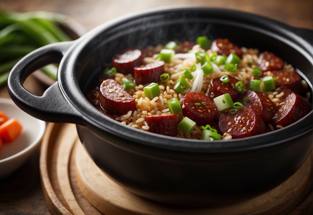 A claypot filled with steaming Chinese sausage claypot rice, topped with savory soy sauce and fragrant green onions