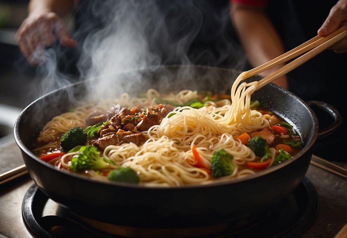 A steaming wok sizzles with hand-pulled noodles, while a chef sprinkles fragrant spices into a bubbling broth. A cloud of steam rises, enveloping the scene in a tantalizing aroma