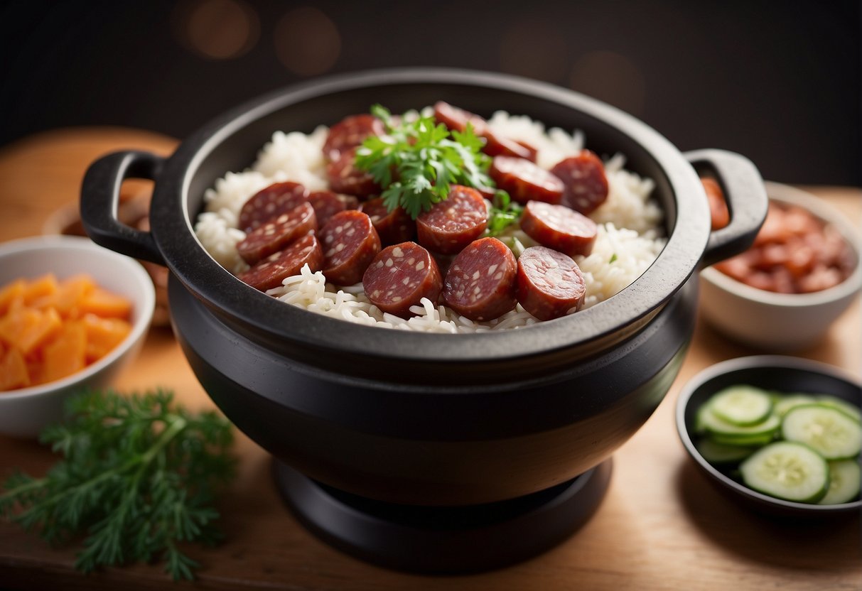 A claypot filled with Chinese sausage, rice, and various ingredients, with a list of possible substitutions nearby