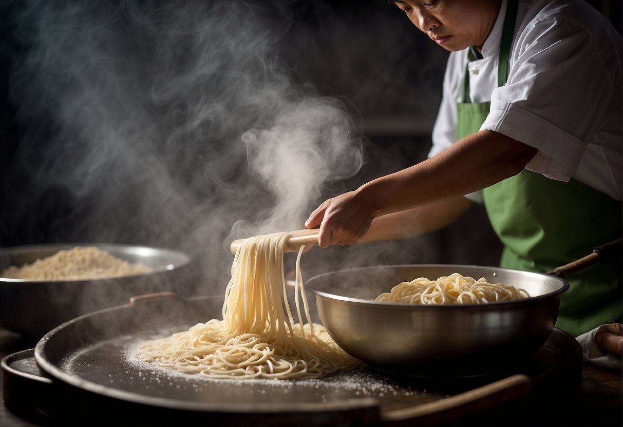 A Chinese chef skillfully mixes flour and water to create traditional hand-pulled noodles, following an ancient recipe passed down through generations