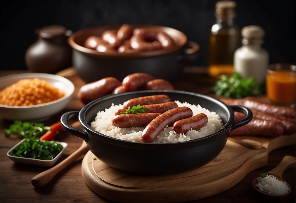 Chinese sausages, rice, and aromatics arranged on a kitchen counter, with a claypot and cooking utensils nearby
