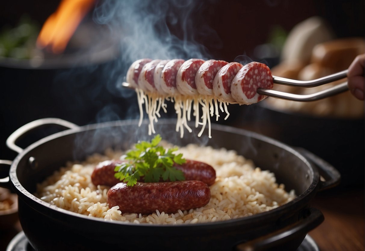 Chinese sausage and rice cooking in claypot over open flame. Steam rising, aroma filling the air. Ingredients scattered around