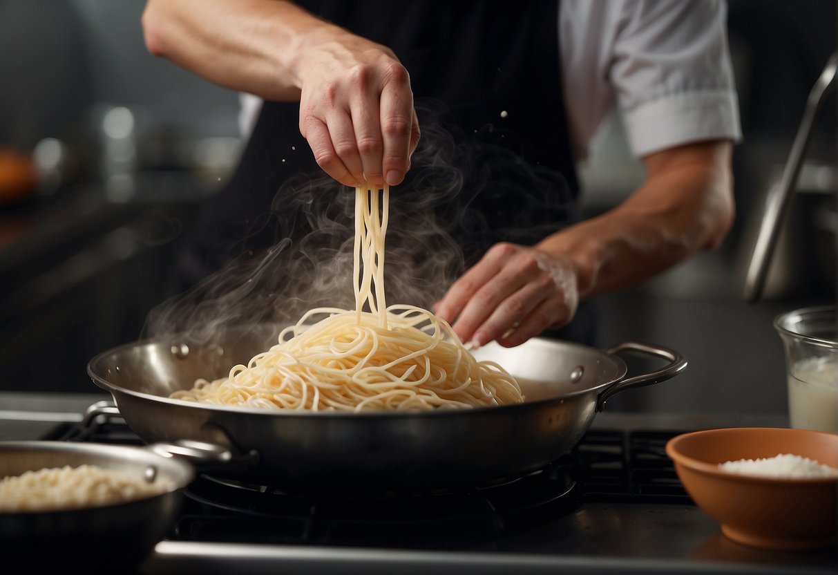 A chef kneads dough with skill, then stretches and folds it to create long, thin noodles. Steam rises from a pot of boiling water as the noodles are dropped in to cook