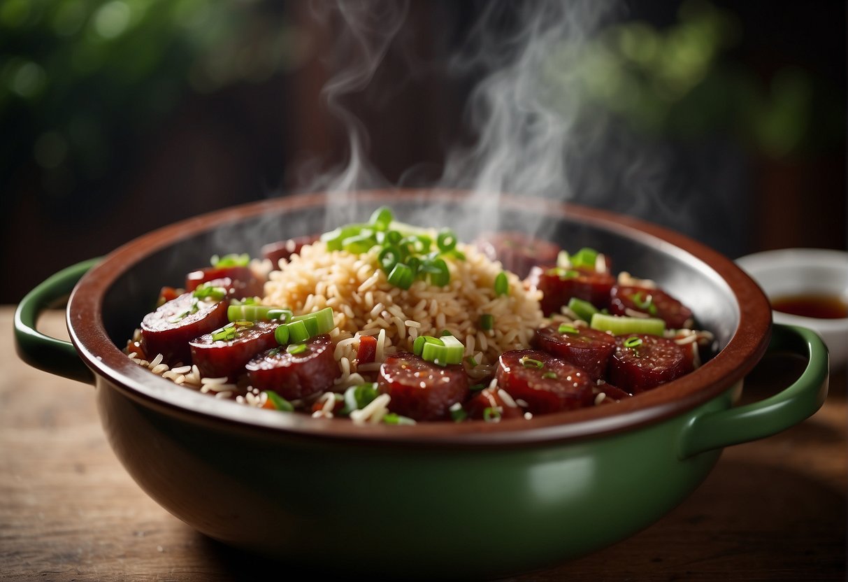 A steaming claypot filled with fragrant Chinese sausage and rice, topped with scallions and drizzled with savory soy sauce