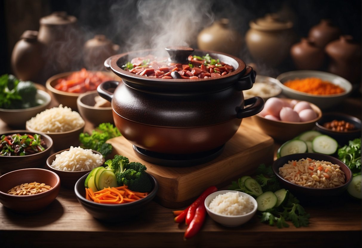 A steaming claypot filled with Chinese sausage claypot rice, surrounded by various ingredients and condiments, representing the cultural significance and regional variations of this traditional dish