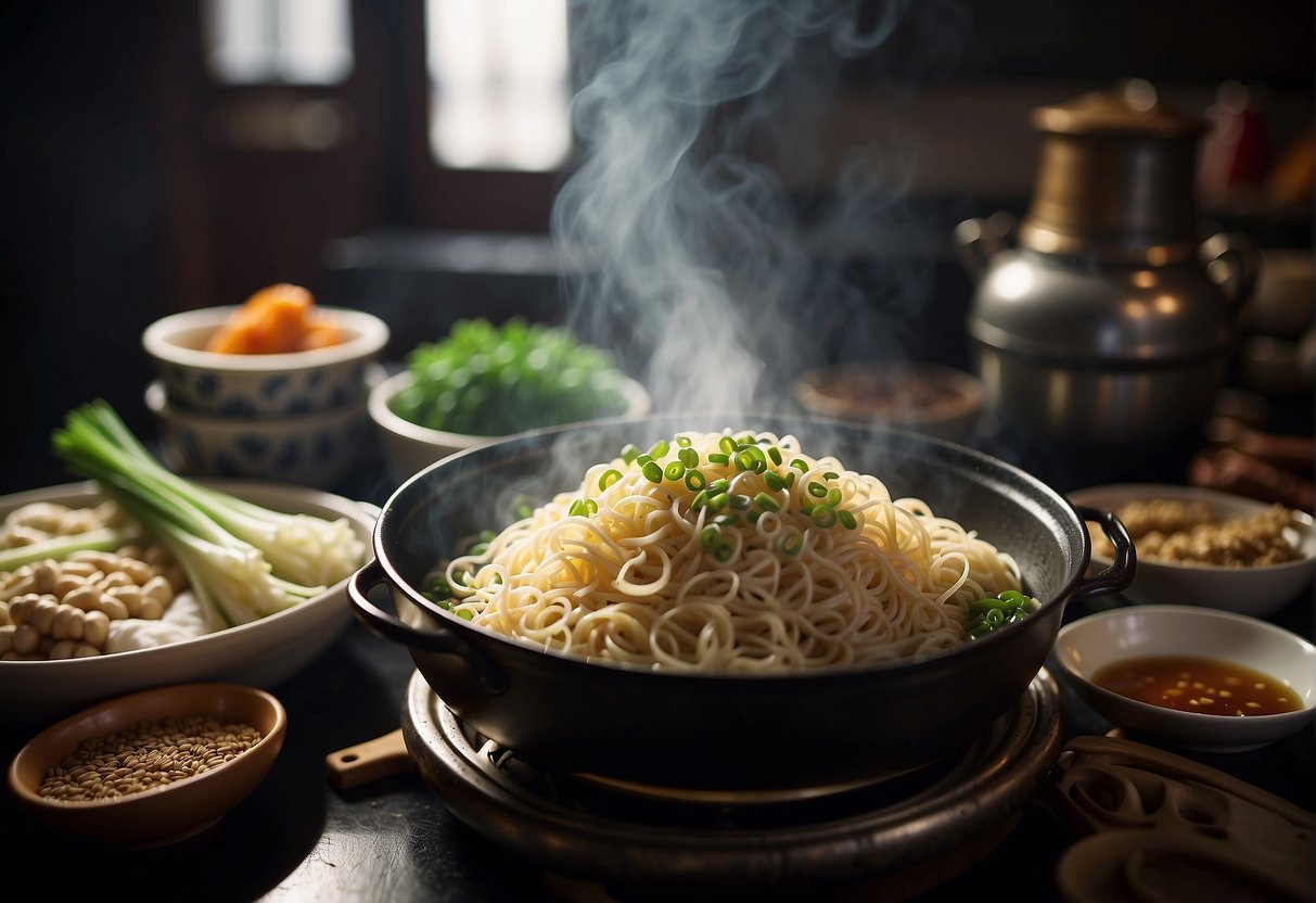 A traditional Chinese kitchen with a steaming pot of noodles, surrounded by various ingredients like soy sauce, sesame oil, and green onions
