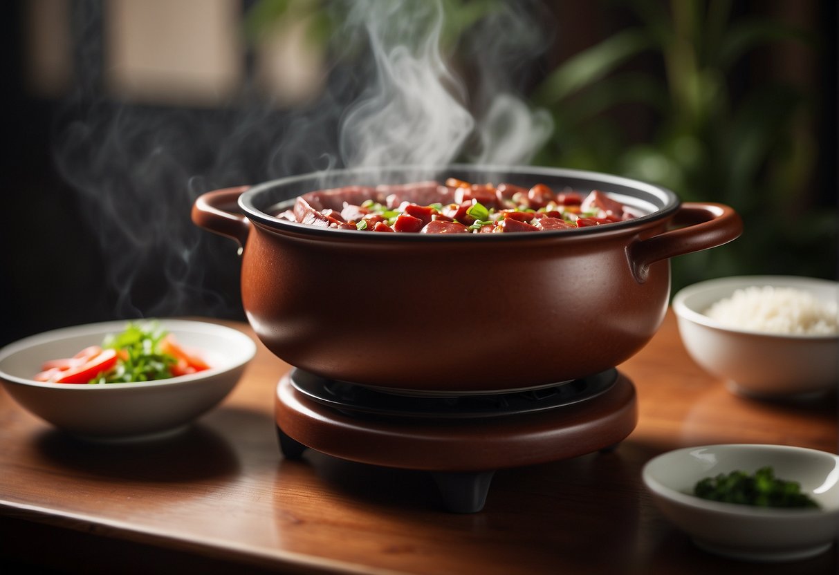 A steaming claypot filled with Chinese sausage, rice, and savory sauce, surrounded by chopsticks and a small dish of chili oil