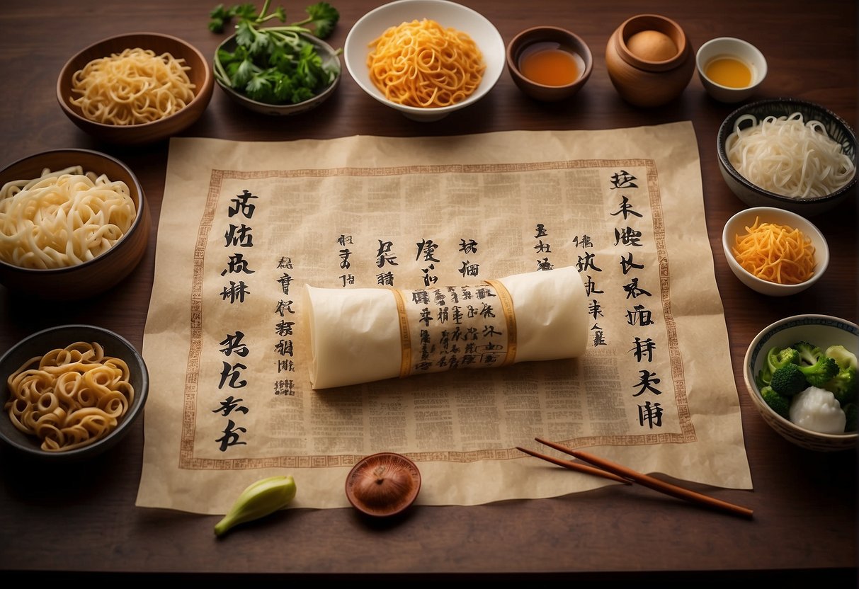 A parchment scroll with Chinese characters, surrounded by bowls of various noodle dishes and ingredients