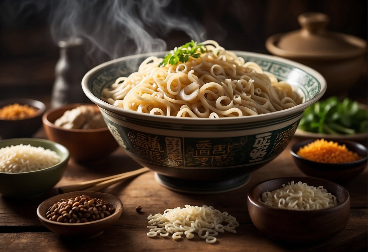 A steaming bowl of ancient Chinese noodles, surrounded by traditional ingredients and utensils, with a scroll nearby listing frequently asked questions about the recipe