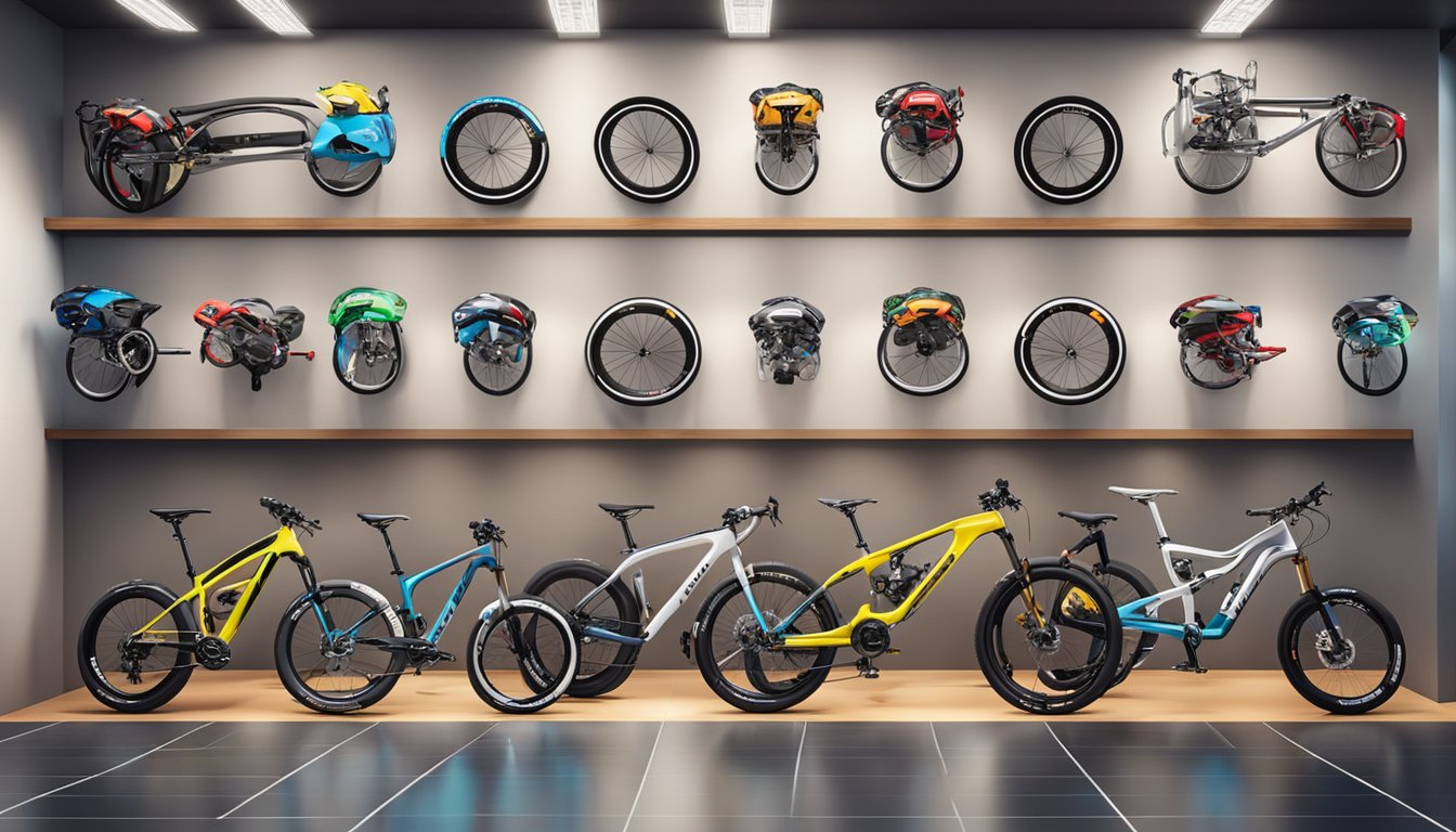 A variety of bike brands displayed in a well-lit showroom, with sleek designs and vibrant colors. Labels indicate different types of bikes for various purposes