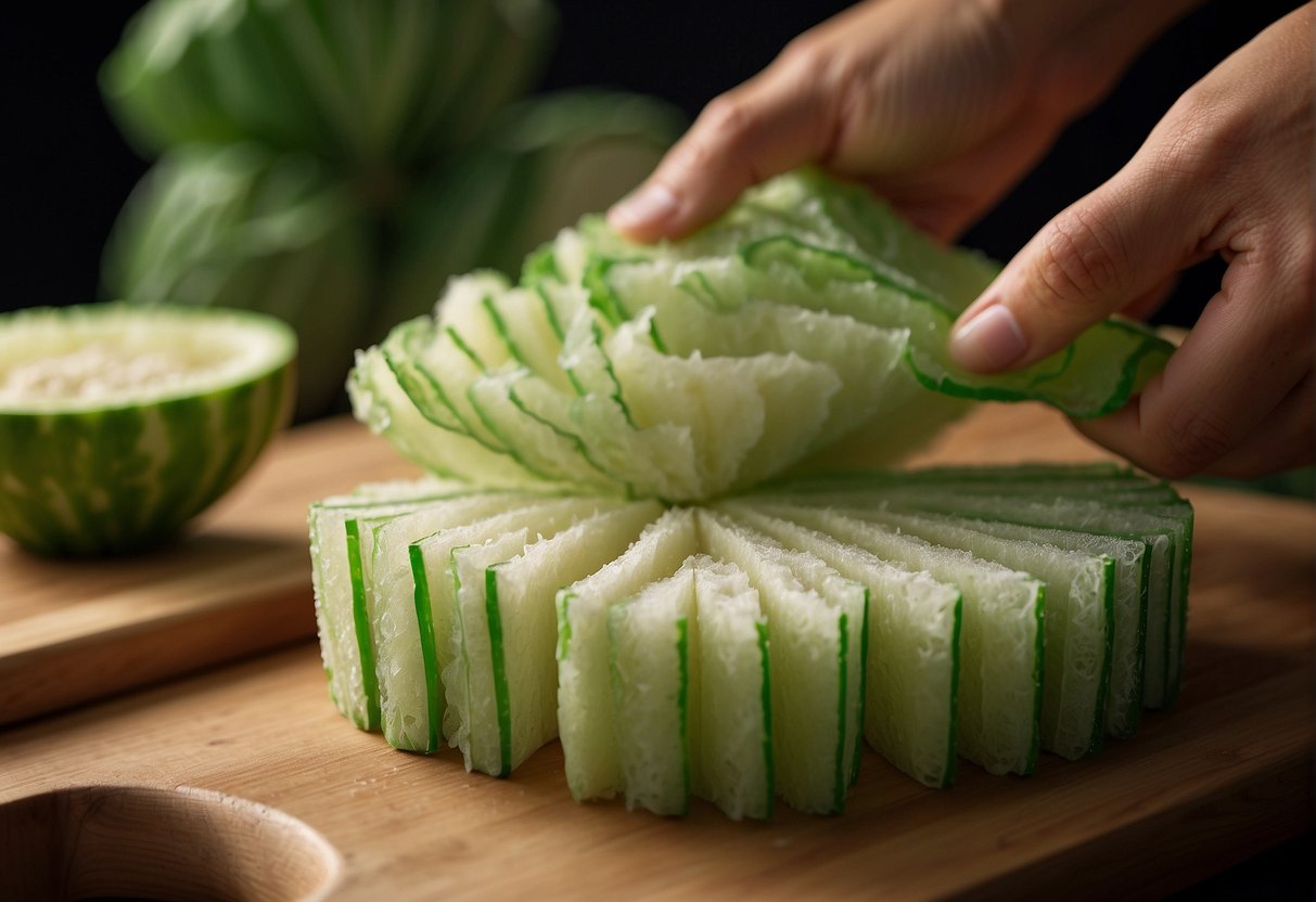 A loofah is being sliced into thin angled pieces for a Chinese recipe
