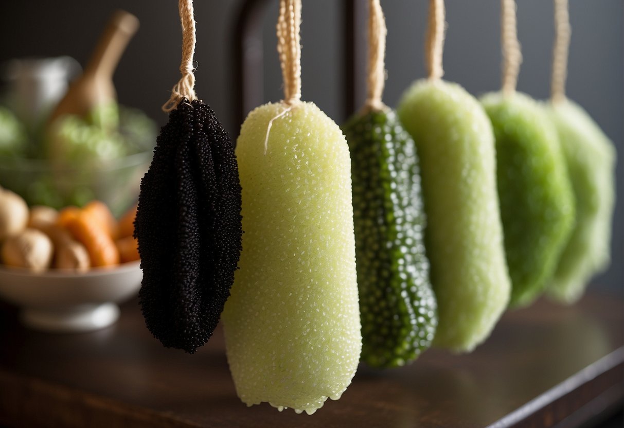 A loofah hanging from a hook, surrounded by Chinese cooking ingredients like ginger, garlic, and soy sauce