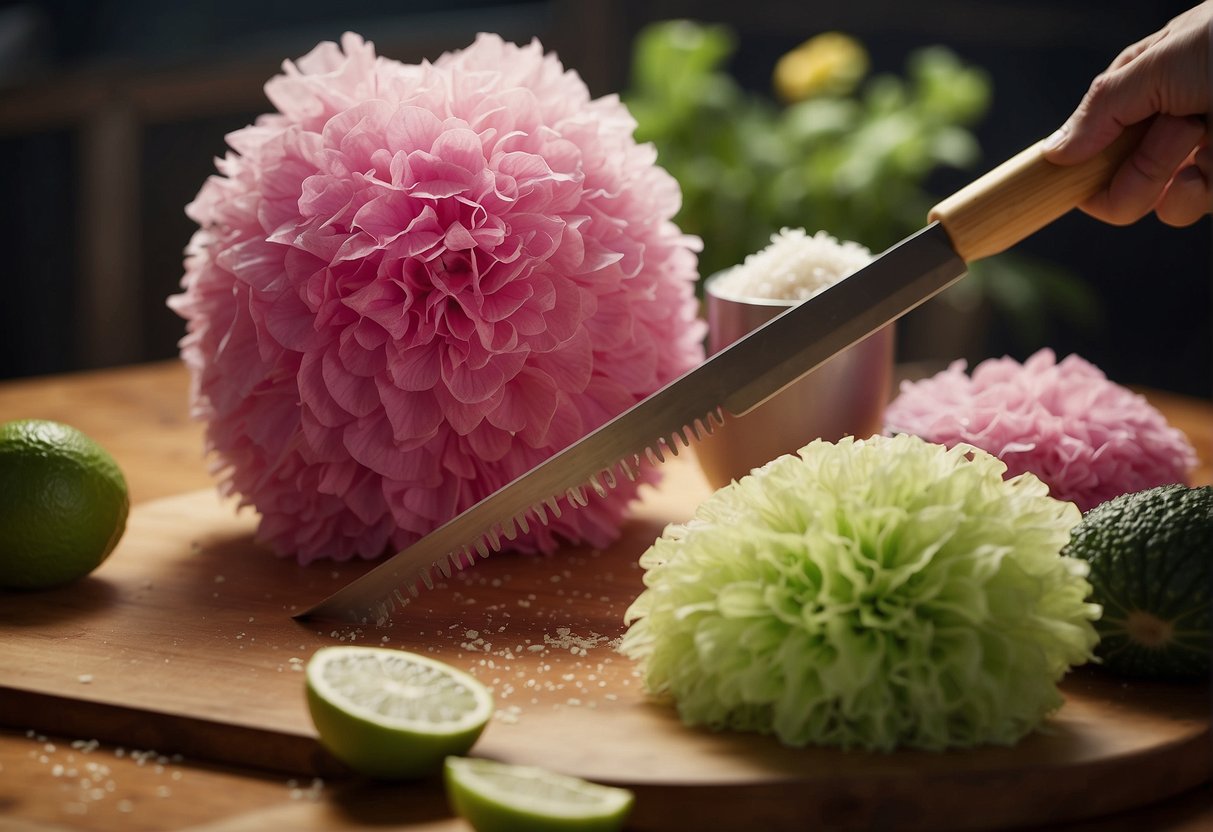 A loofah is being cut at an angle for a Chinese recipe