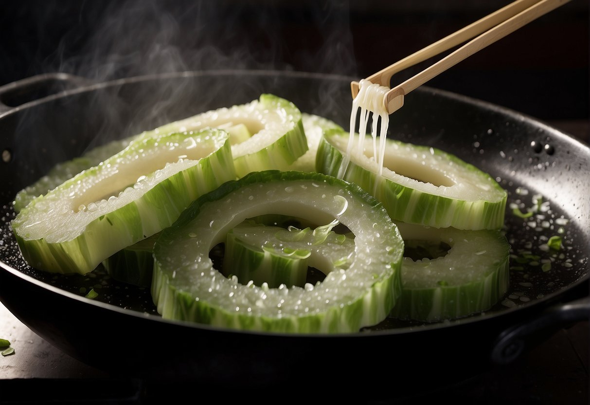 Loofah slices sizzle in a hot wok with garlic and soy sauce. Steam rises as they are tossed and stir-fried