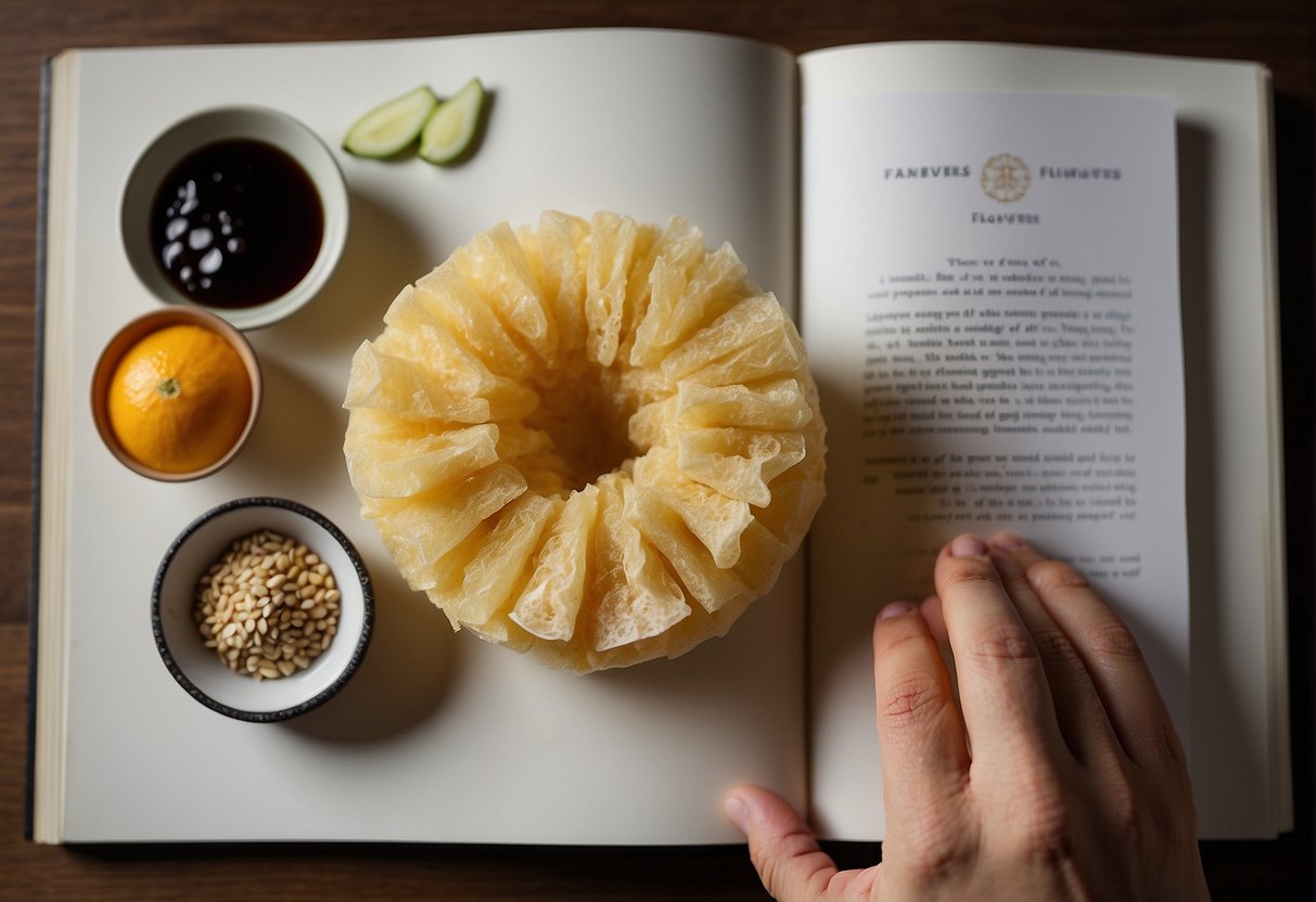 A hand holding a loofah sponge, surrounded by various Chinese ingredients like ginger, garlic, and soy sauce, with a recipe book open to a page titled "Flavour Enhancements angled loofah recipe."