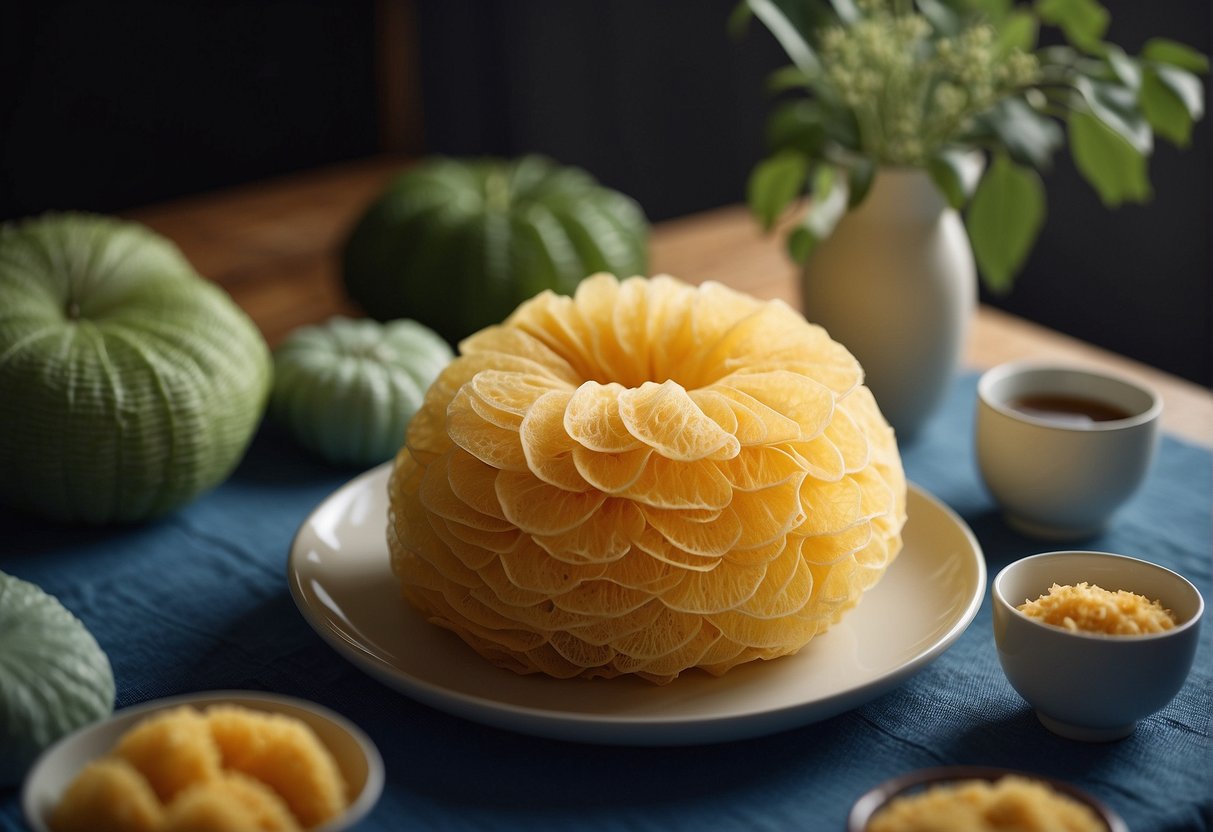 Loofahs of different sizes and shapes arranged on a dish, with a Chinese recipe book open next to it