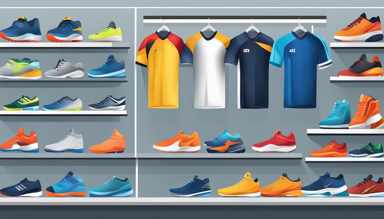 Athletic shoes, jerseys, and equipment arranged on a display shelf in a sports store