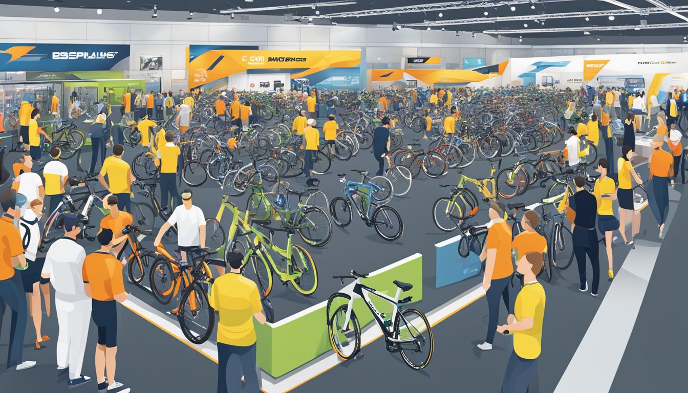 A bustling trade show with various bike brands showcasing their latest models and innovations. Bright, modern displays and cutting-edge technology draw in crowds of cycling enthusiasts