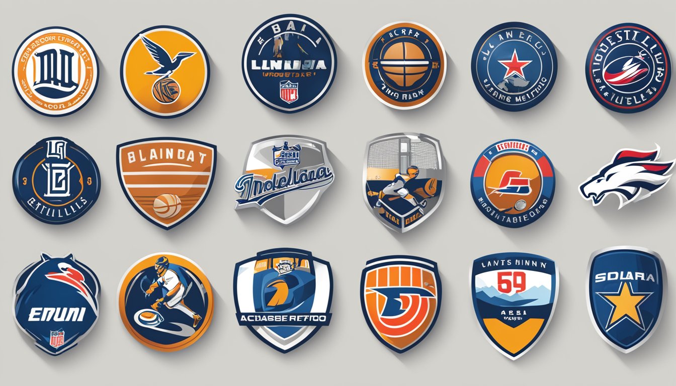 A timeline of sports brand logos evolving from vintage to modern designs, showcasing iconic emblems and typography