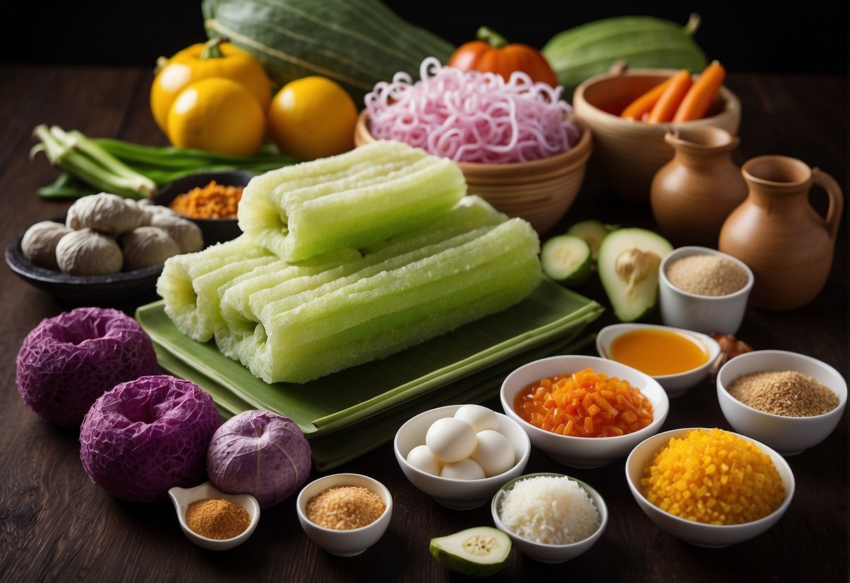 A loofah and various Chinese cooking ingredients arranged in an angled composition for a recipe illustration