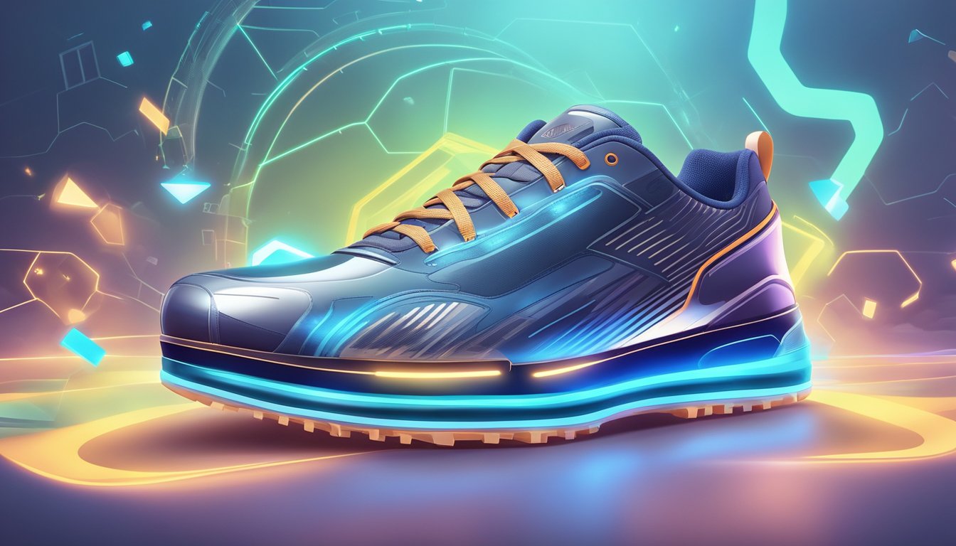 A futuristic sports shoe surrounded by glowing technological elements and innovative design features