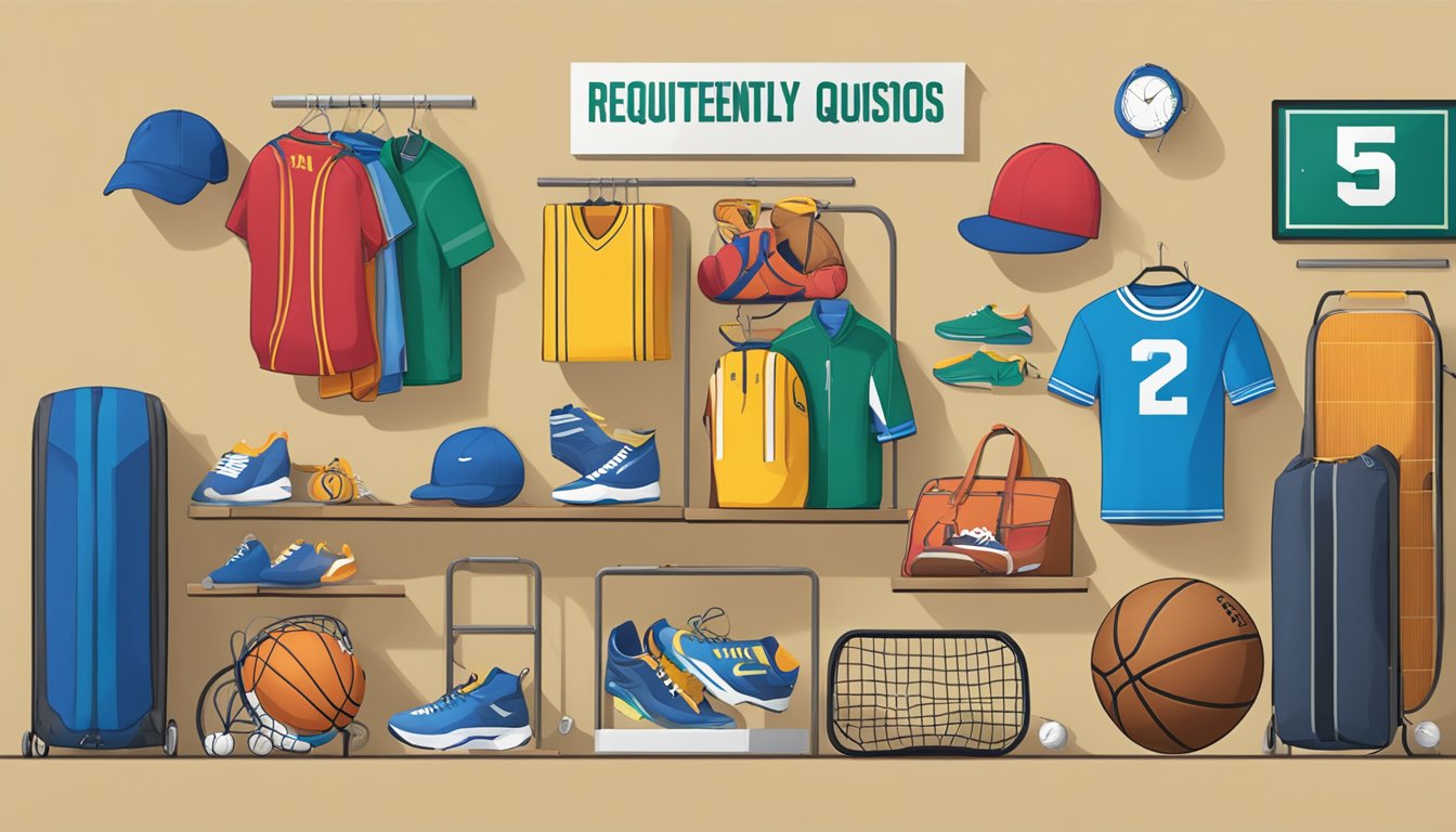 A display of sports gear with a sign reading "Frequently Asked Questions" above it