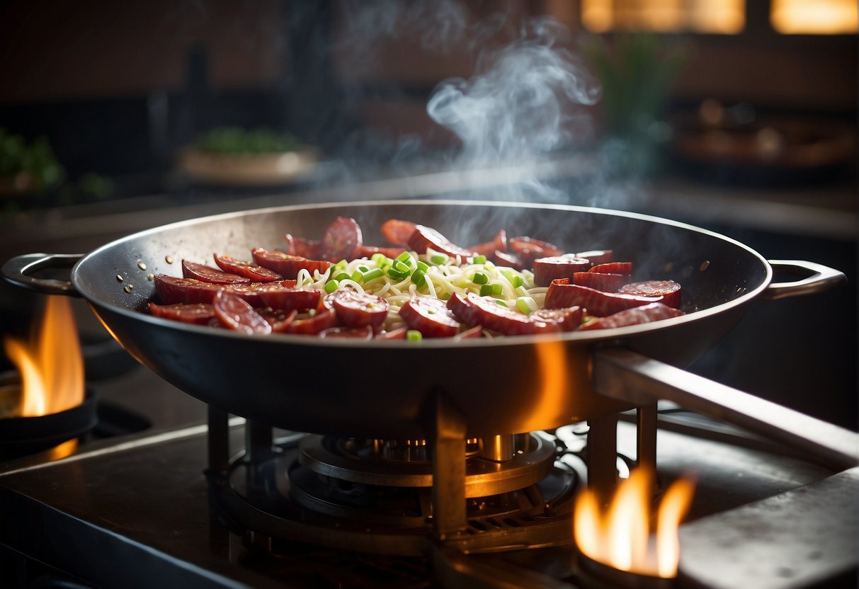 A wok sizzles with sliced Chinese sausage, garlic, and green onions. Steam rises as the savory aroma fills the kitchen