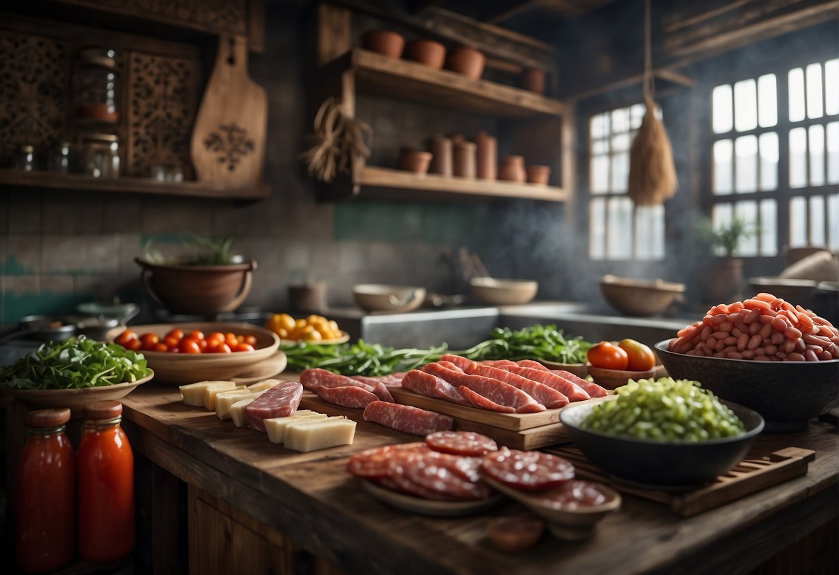 A traditional Chinese kitchen with ingredients and tools for making Chinese sausage