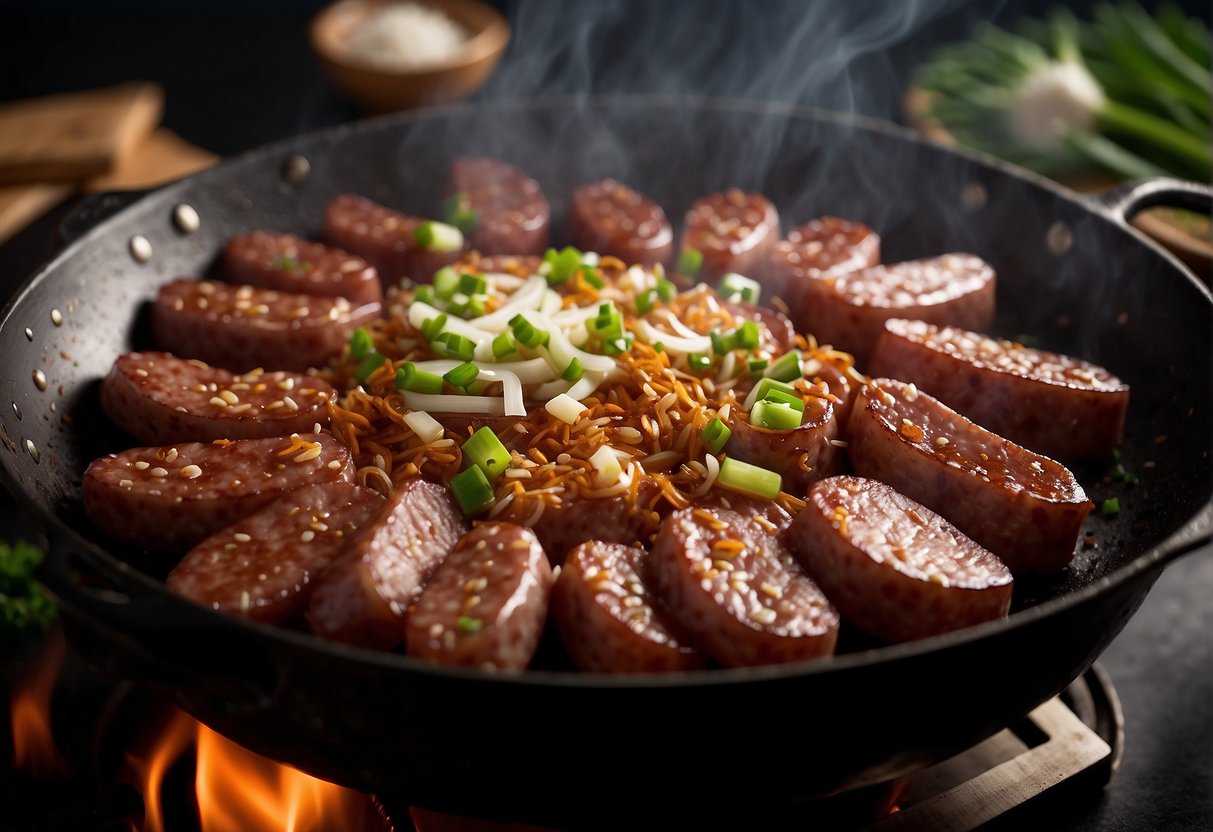 Chinese sausages sizzling in a hot wok, being flipped and turned with chopsticks, while surrounded by aromatic garlic, ginger, and green onions