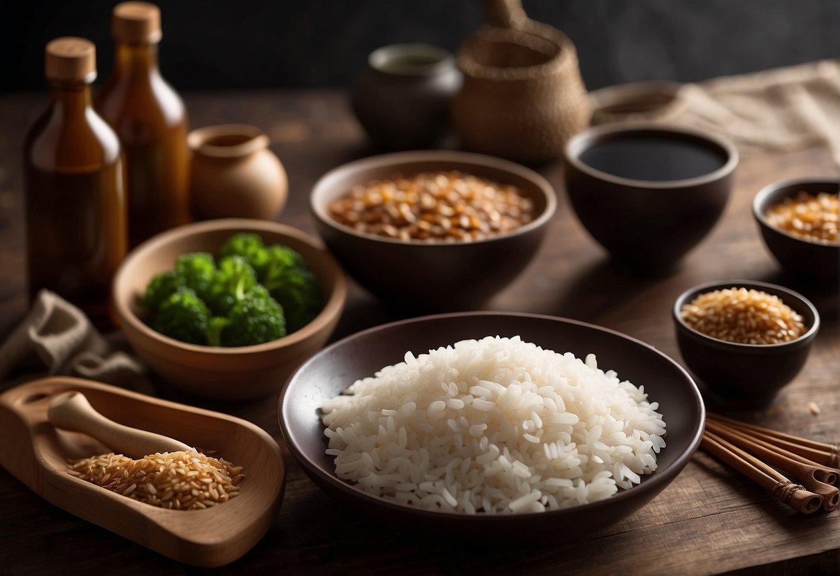 A table with ingredients (pork, soy sauce, sugar, rice wine) and their respective measurements. A mixing bowl and a cutting board with a knife