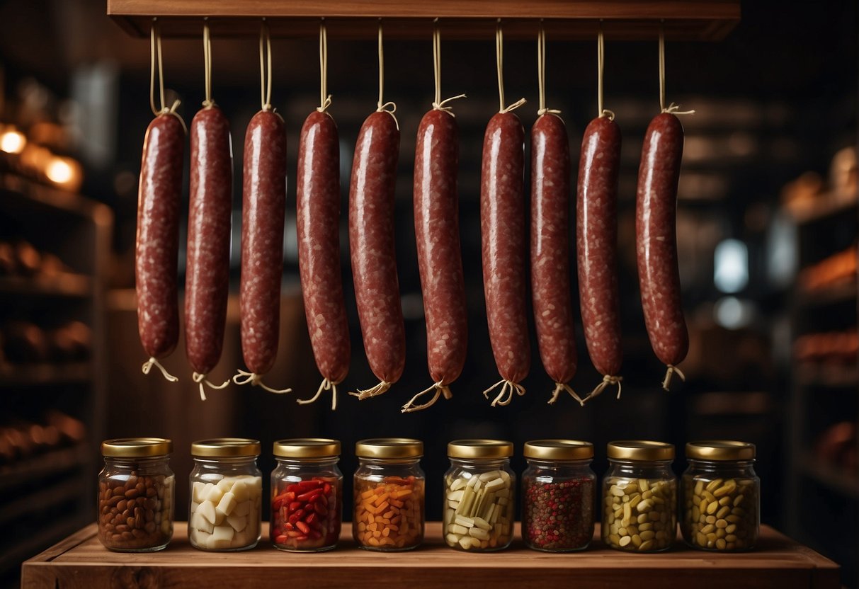 Chinese sausages hang from wooden racks in a dimly lit storage room, surrounded by jars of pickled vegetables and spices