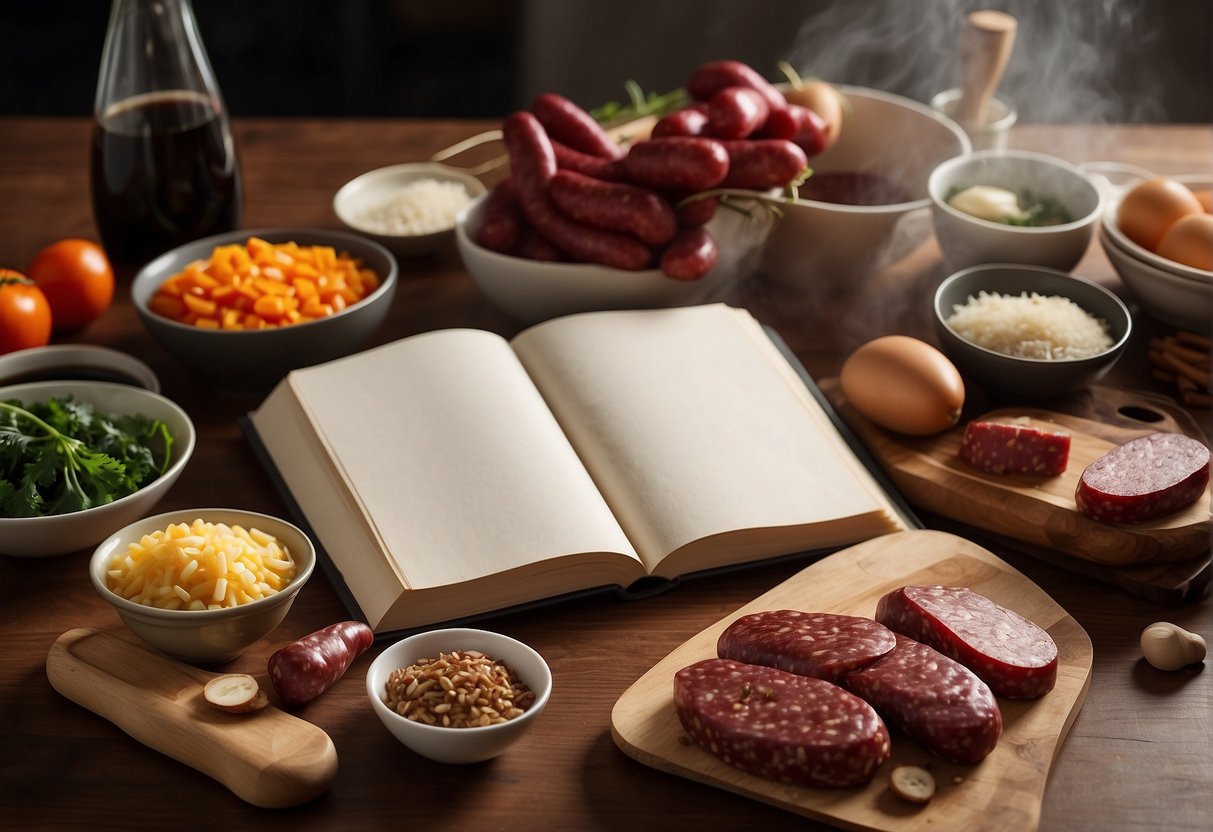 A table with ingredients and cooking utensils for making Chinese sausage, with a recipe book open to the "Frequently Asked Questions" section
