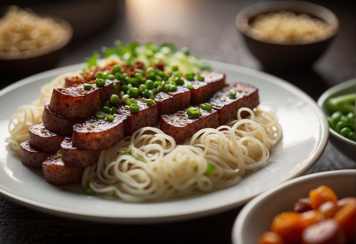 A plate of steaming noodles topped with slices of savory Chinese sausage, surrounded by ingredients like garlic, scallions, and soy sauce
