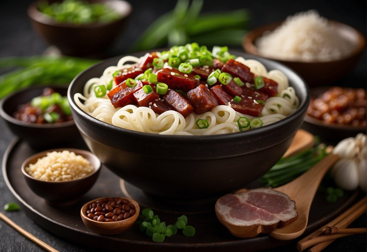 A bowl of steaming noodles topped with slices of Chinese sausage, surrounded by ingredients like soy sauce, garlic, and green onions
