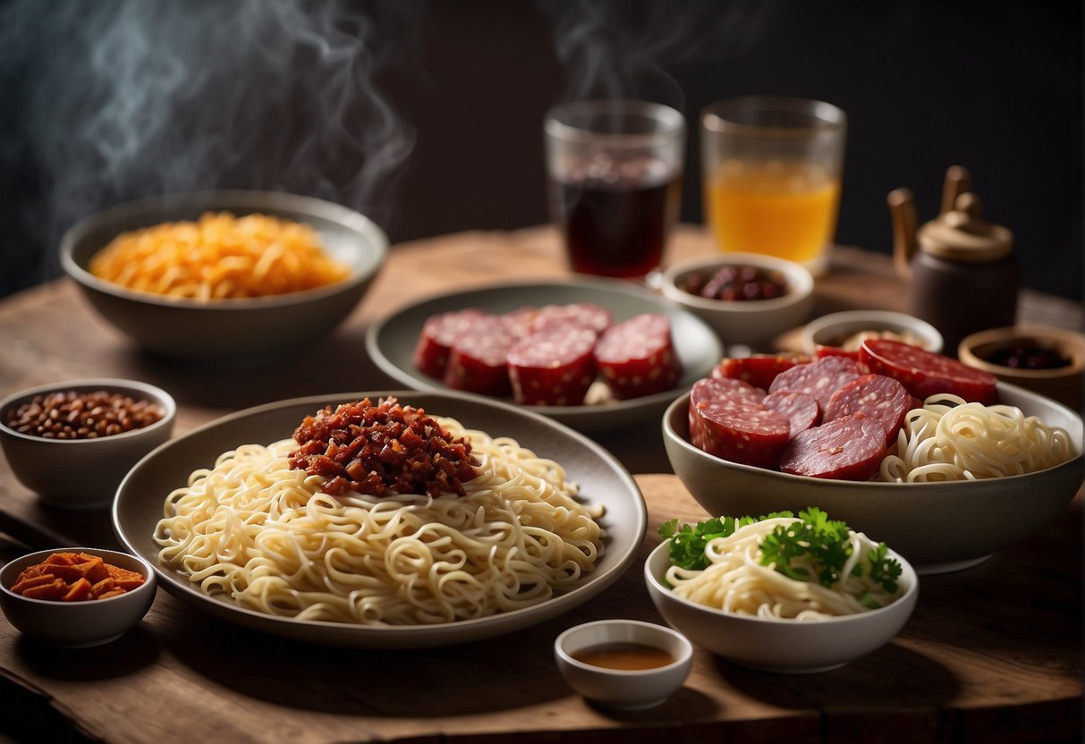 A table set with essential ingredients: Chinese sausage, noodles, and possible substitutions