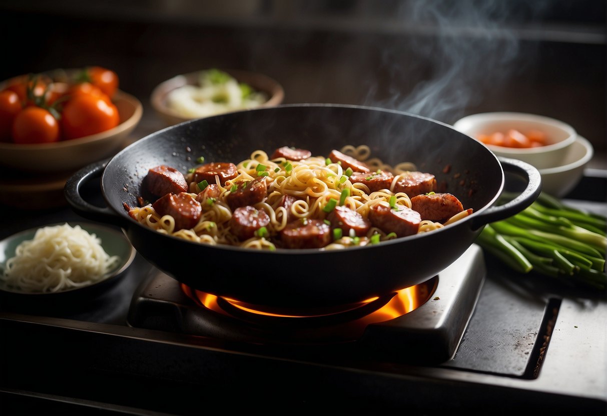 A wok sizzles with Chinese sausages, garlic, and ginger. Noodles boil in a pot. Soy sauce and green onions sit nearby