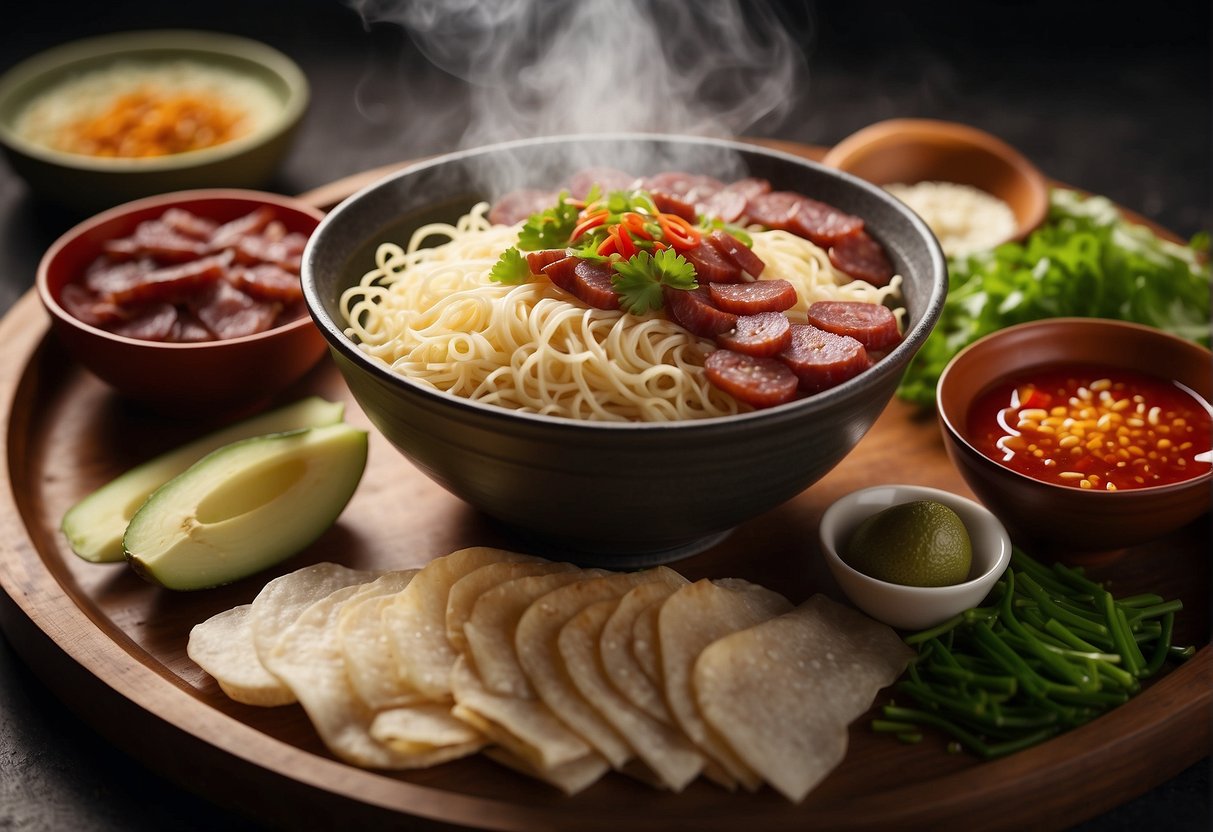 A steaming bowl of noodles topped with sliced Chinese sausage, surrounded by various ingredients and condiments