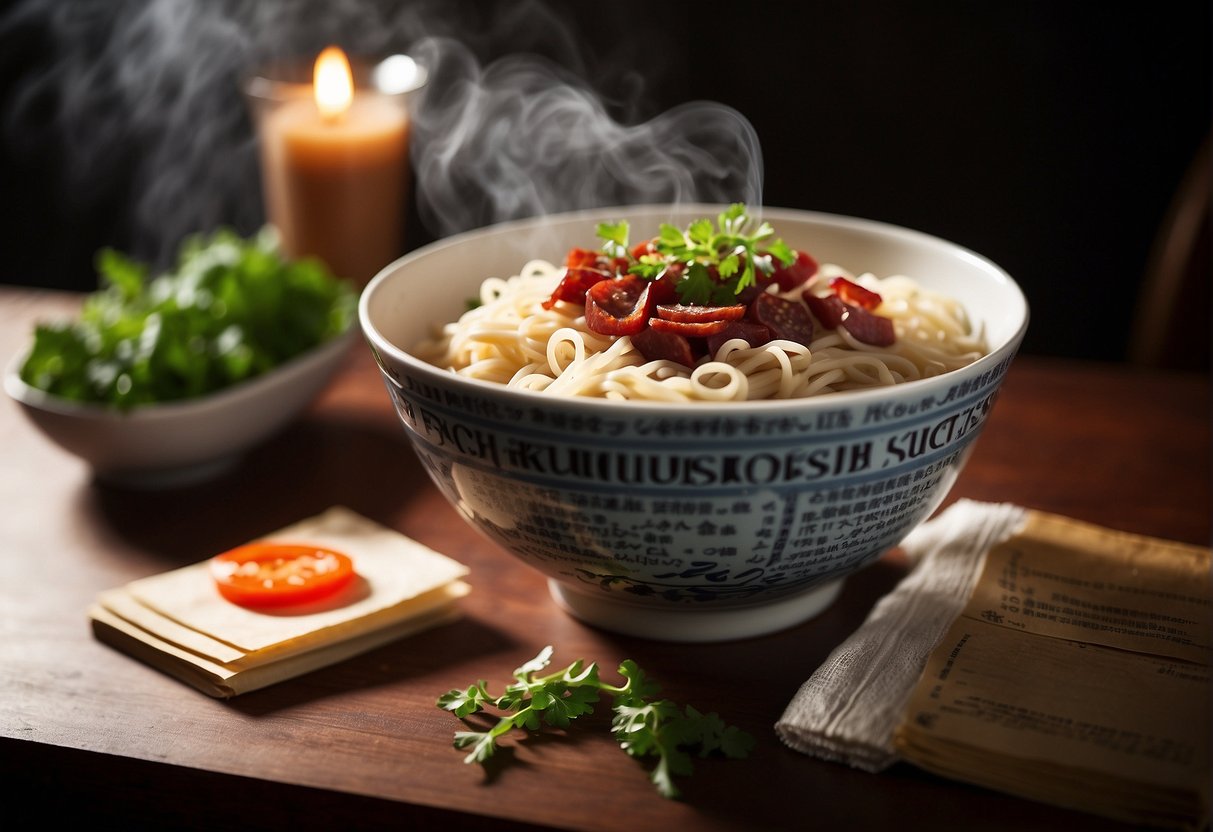 A bowl of steaming noodles topped with sliced Chinese sausage, surrounded by a stack of recipe cards labeled "Frequently Asked Questions."