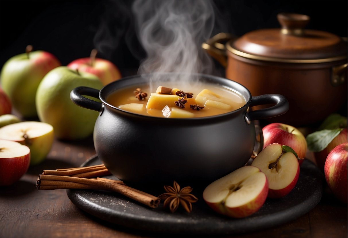 A pot of steaming apple soup simmers on a stove, filled with chunks of fruit, cinnamon sticks, and fragrant spices. The kitchen is filled with the sweet aroma of the Chinese-inspired dish