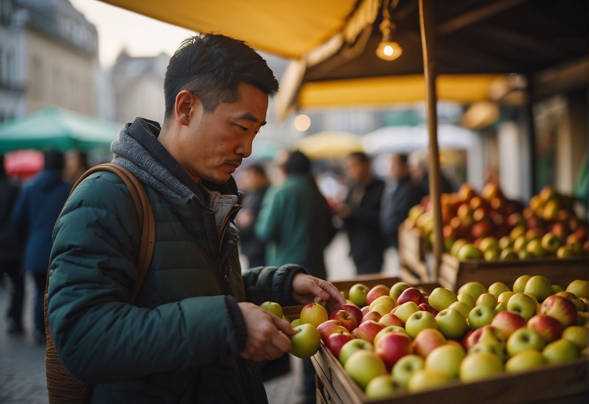 A person selecting fresh apples, ginger, and spices from a market stall for a Chinese apple soup recipe
