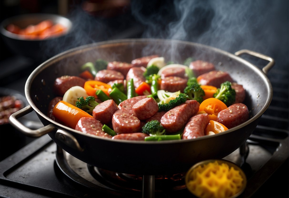 Sizzling Chinese sausages in a wok with colorful vegetables, garlic, and ginger. Steam rises as the ingredients are tossed together in a fragrant stir-fry