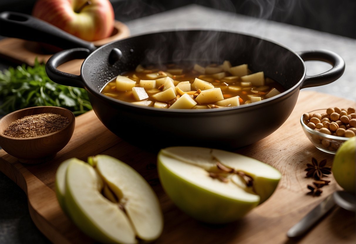 A pot simmering with diced apples, ginger, and spices. A chef's knife, cutting board, and bowl of broth nearby
