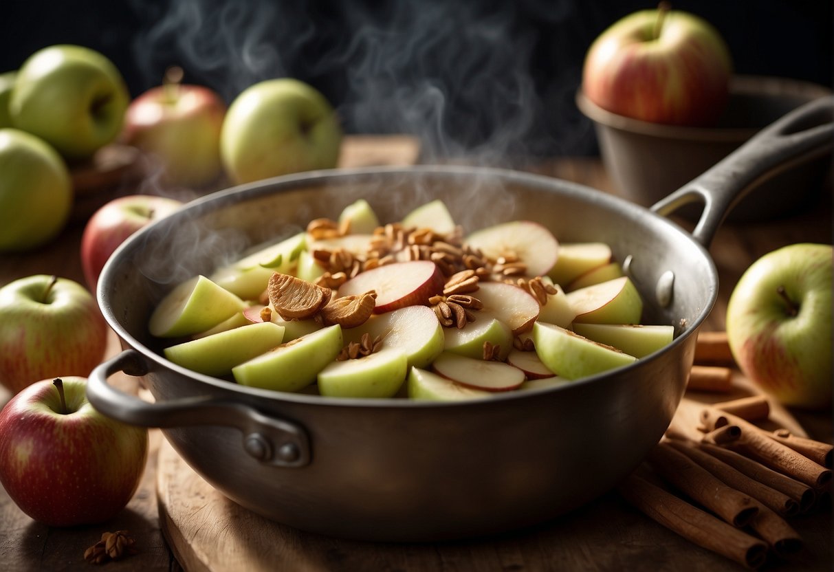 Apples being peeled, chopped, and simmered in a pot with ginger, cinnamon, and broth. Steam rising from the pot as the ingredients meld together