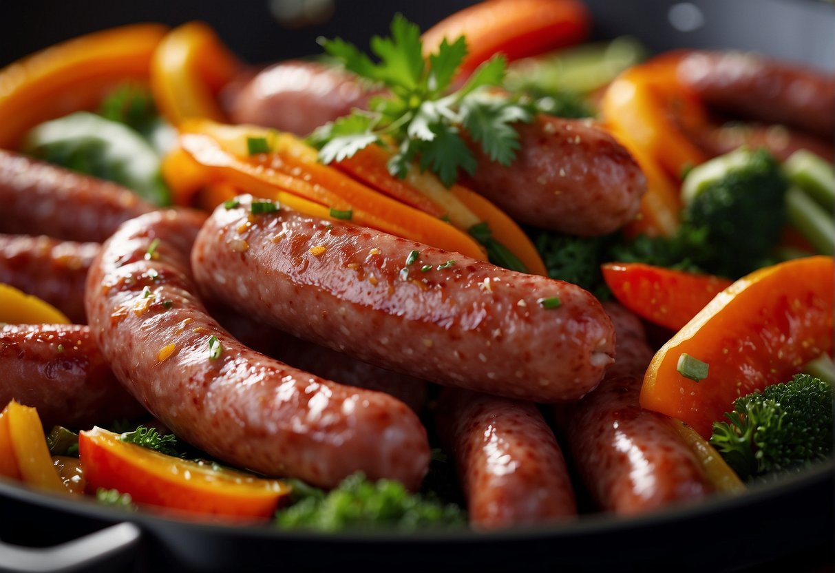 Chinese sausages sizzle in a hot wok with colorful vegetables and aromatic spices
