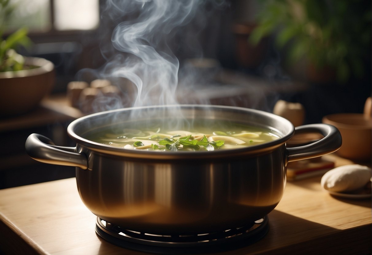 A steaming pot of aromatic apple soup simmers on a stove, surrounded by traditional Chinese herbs and ingredients known for their health benefits and medicinal properties