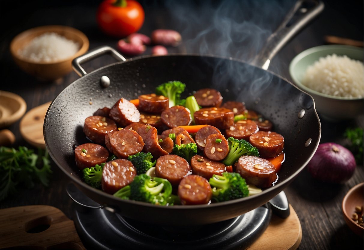 A wok sizzling with Chinese sausages, garlic, ginger, and vegetables. Bowls of soy sauce, oyster sauce, and sugar nearby for seasoning